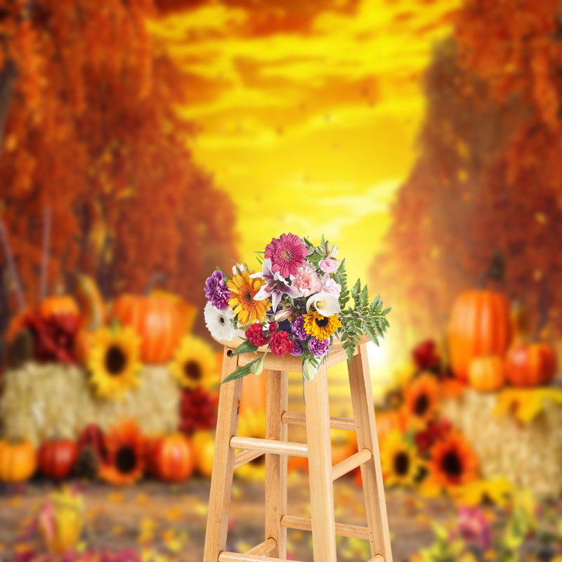 Aperturee - Shining Sunset Pumpkin Sunflower Backdrop Photo Booth