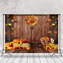 Aperturee - Wooden Door Maple Leaves Wreath Pumpkin Autumn Backdrop