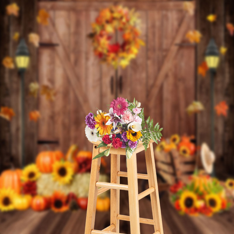 Aperturee - Wooden Door Maple Leaves Wreath Pumpkin Autumn Backdrop