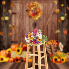 Aperturee - Wooden Door Maple Leaves Wreath Pumpkin Autumn Backdrop