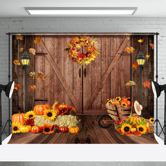 Aperturee - Wooden Door Maple Leaves Wreath Pumpkin Autumn Backdrop