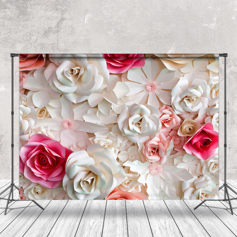 Aperturee - White Pink Paper Cut Beauty Rose Bush Photo Backdrop