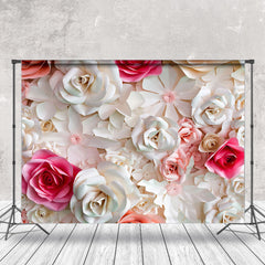 Aperturee - White Pink Paper Cut Beauty Rose Bush Photo Backdrop