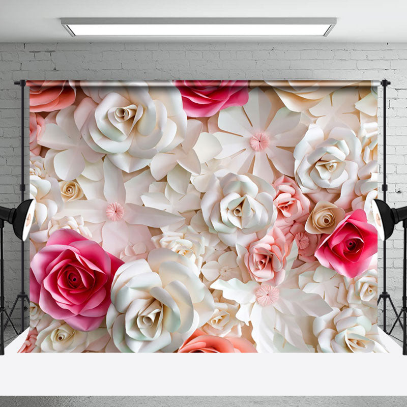 Aperturee - White Pink Paper Cut Beauty Rose Bush Photo Backdrop