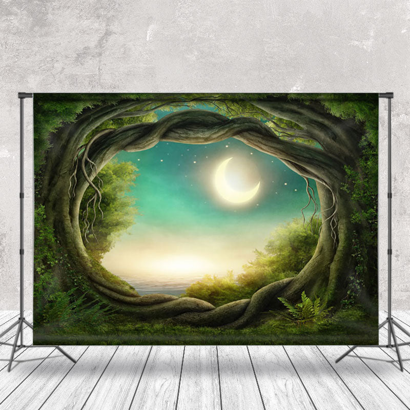 Aperturee - Fairy Tale Style Green Forest Night Sky Backdrop