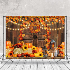 Aperturee - Autumn Pumpkin Wooden Door Maple Leaf Photo Backdrop