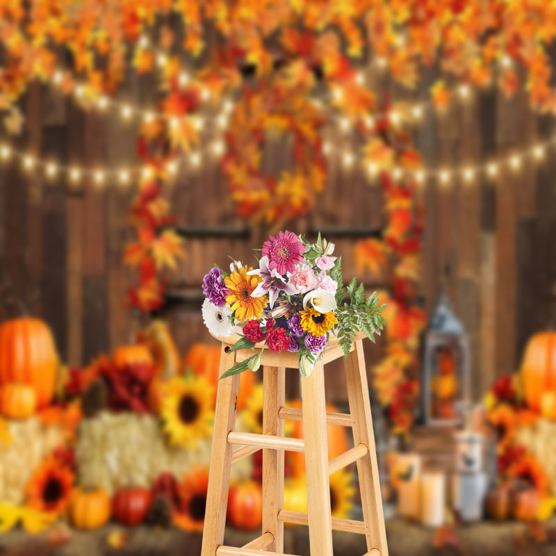 Aperturee - Autumn Pumpkin Wooden Door Maple Leaf Photo Backdrop