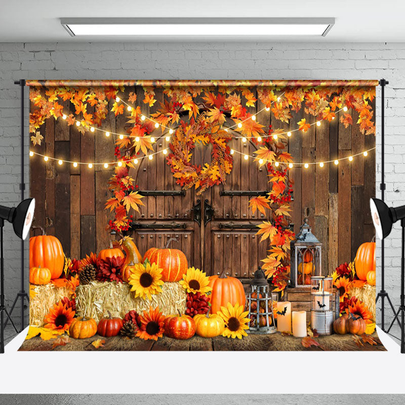 Aperturee - Autumn Pumpkin Wooden Door Maple Leaf Photo Backdrop