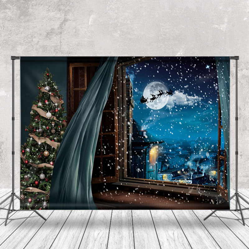 Aperturee - Blue Curtain Night Moon Christmas Photo Backdrop