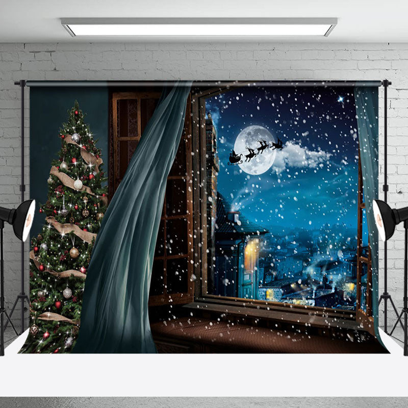 Aperturee - Blue Curtain Night Moon Christmas Photo Backdrop