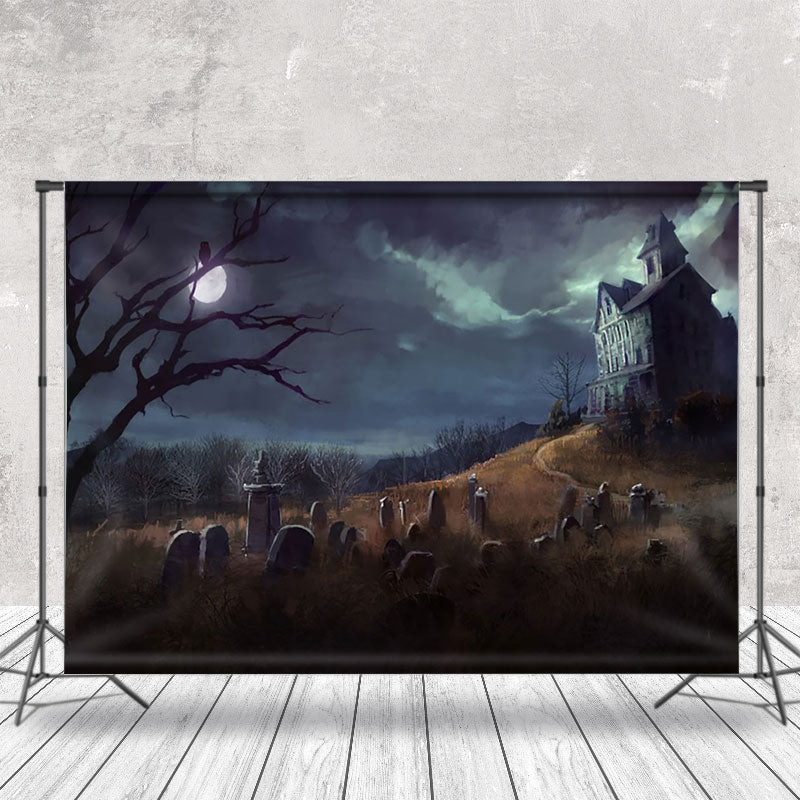 Aperturee - Oil Painting Horror Village Cemetery Halloween Backdrop