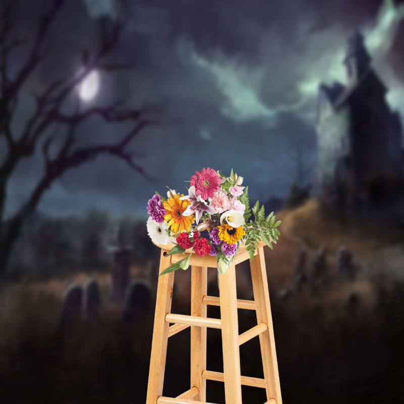 Aperturee - Oil Painting Horror Village Cemetery Halloween Backdrop