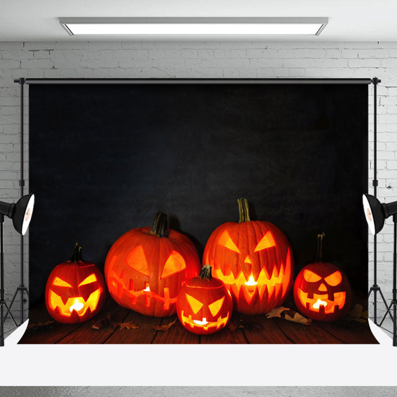 Aperturee - Black Wall Pumpkin Lantern Wooden Floor Backdrop