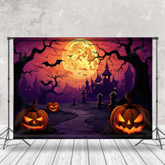 Aperturee - Cartoon Style Horror Pumpkin Castle Moon Backdrop