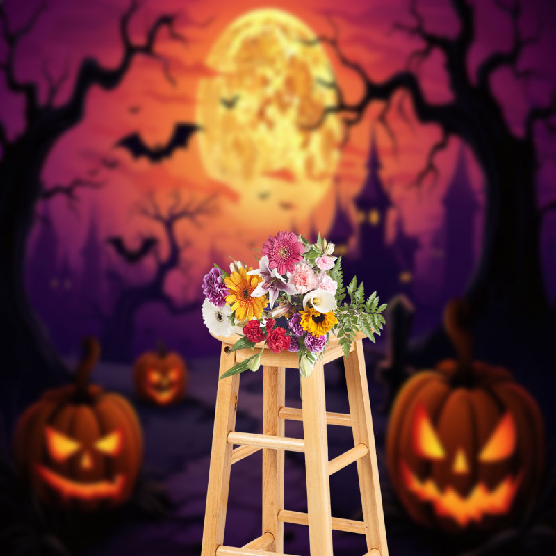 Aperturee - Cartoon Style Horror Pumpkin Castle Moon Backdrop