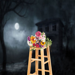 Aperturee - Horror Old Wooden House In Moonlight Halloween Backdrop