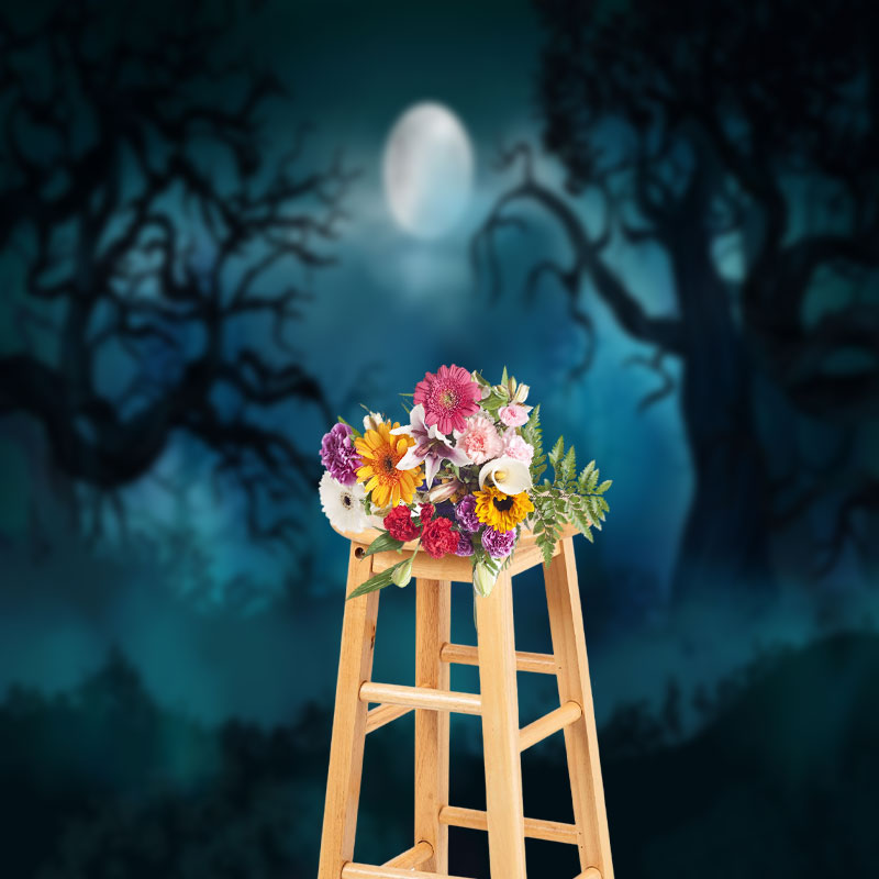 Aperturee - Cartoon Night Tree Branches Moon Halloween Backdrop