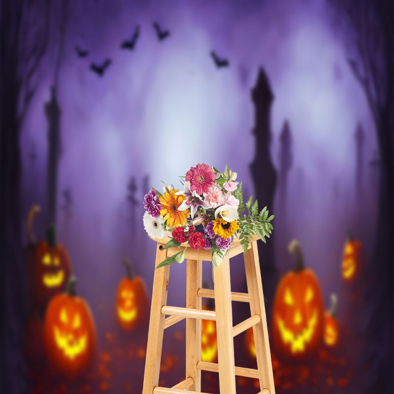 Aperturee - Purple Fog Cemetery Horror Pumpkin Halloween Backdrop