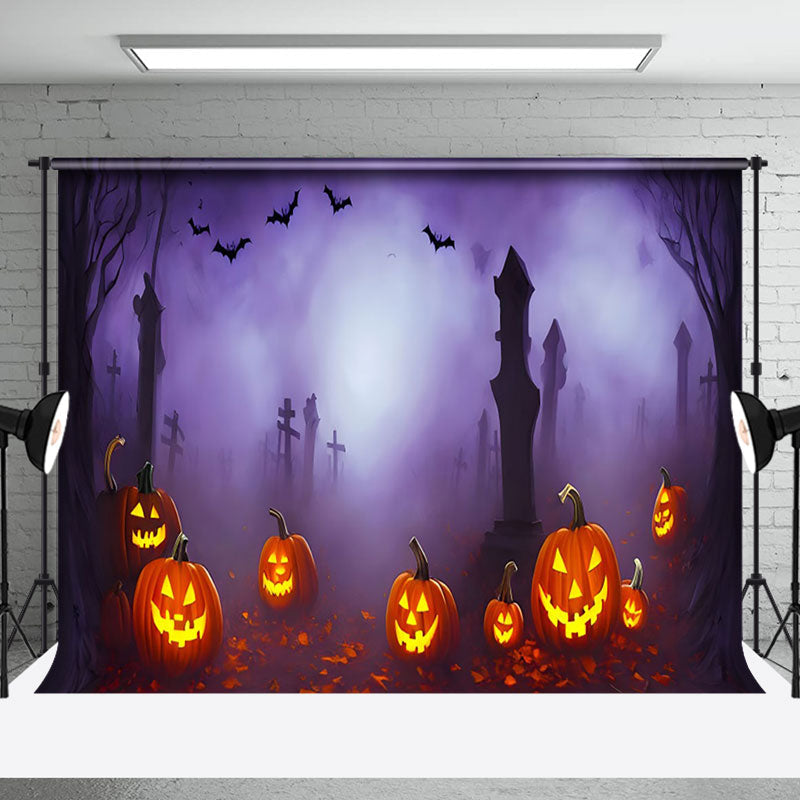 Aperturee - Purple Fog Cemetery Horror Pumpkin Halloween Backdrop