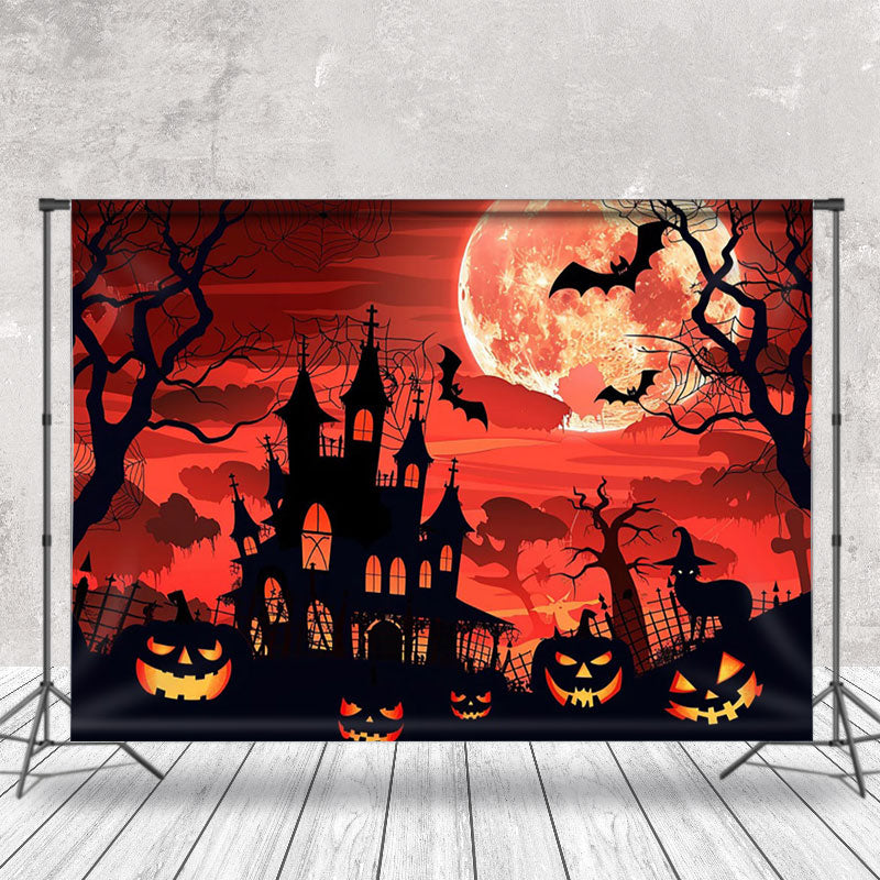 Aperturee - Cartoon Castle Moon Red Sky Pumpkin Halloween Backdrop