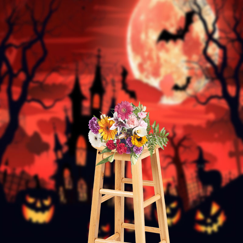 Aperturee - Cartoon Castle Moon Red Sky Pumpkin Halloween Backdrop