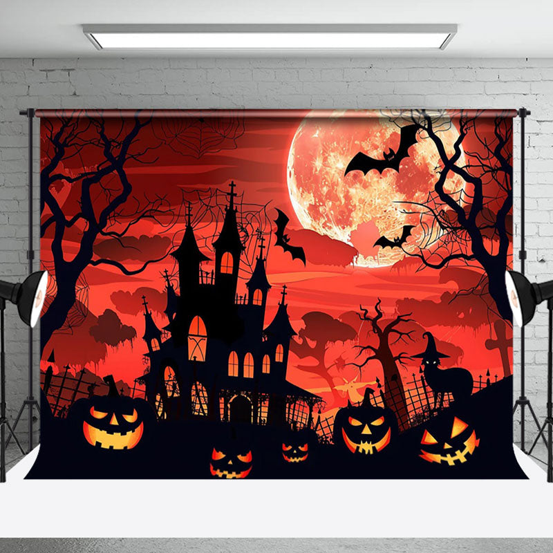 Aperturee - Cartoon Castle Moon Red Sky Pumpkin Halloween Backdrop