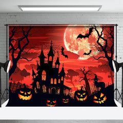 Aperturee - Cartoon Castle Moon Red Sky Pumpkin Halloween Backdrop