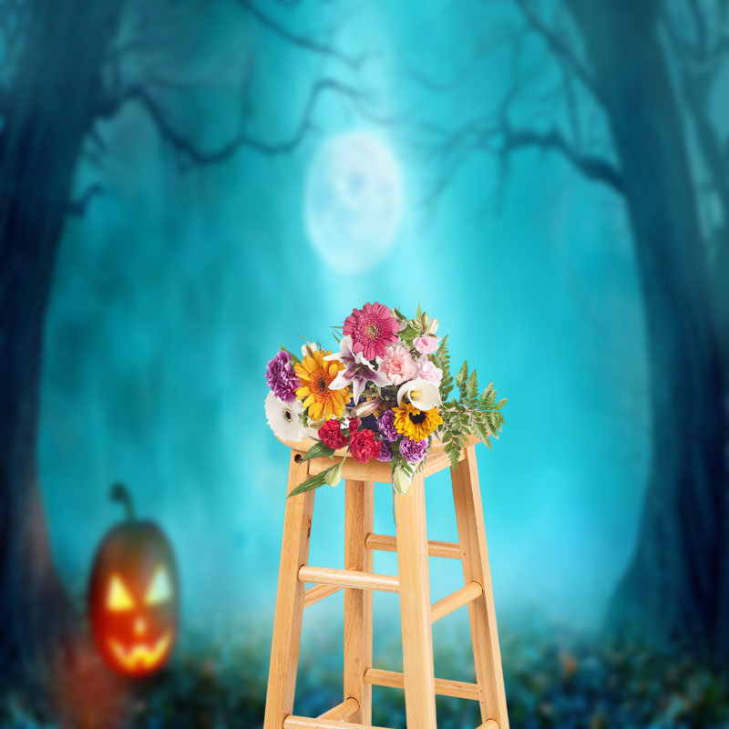 Aperturee - Blue Smoke Tree Horror Pumpkin Halloween Backdrop