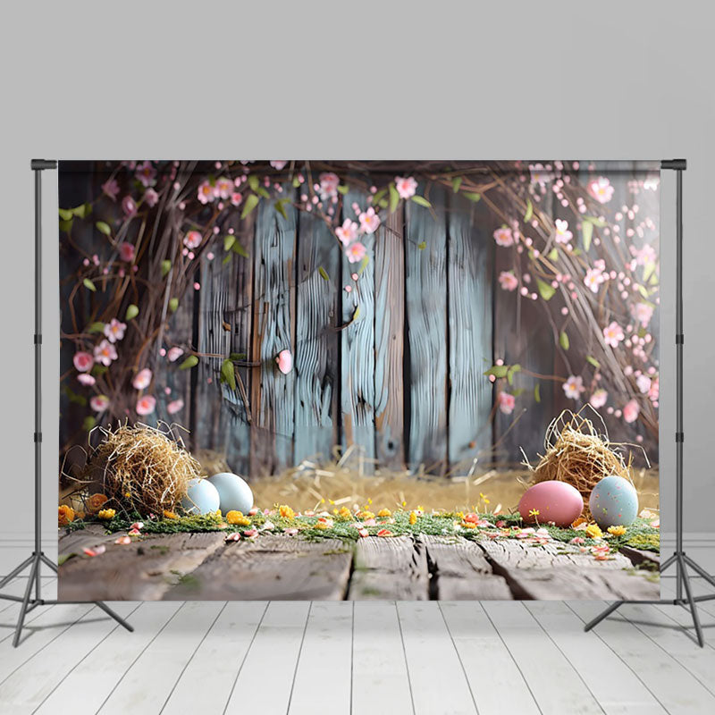 Aperturee - Aperturee Pink Floral Vine Wooden Floor Eggs Easter Backdrop