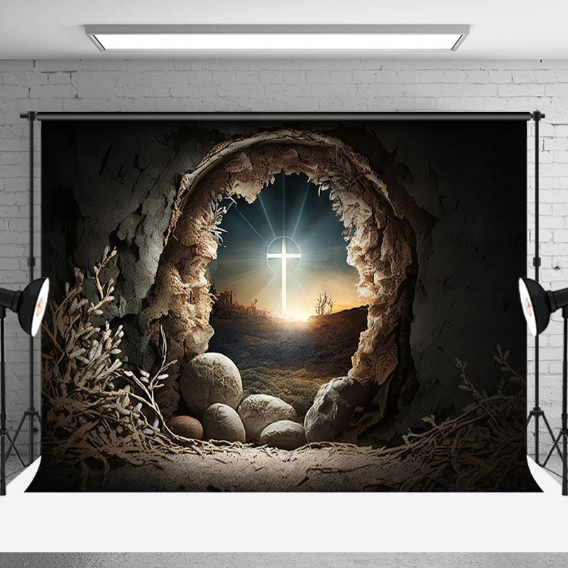 Aperturee - Aperturee Night Cave Holy Lighted Cross Rebirth Easter Backdrop