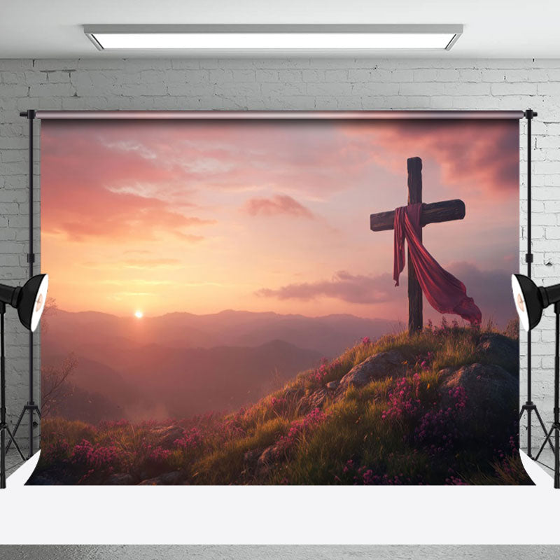 Aperturee - Aperturee Mountain Top Sunrise Rebirth Cross Easter Backdrop