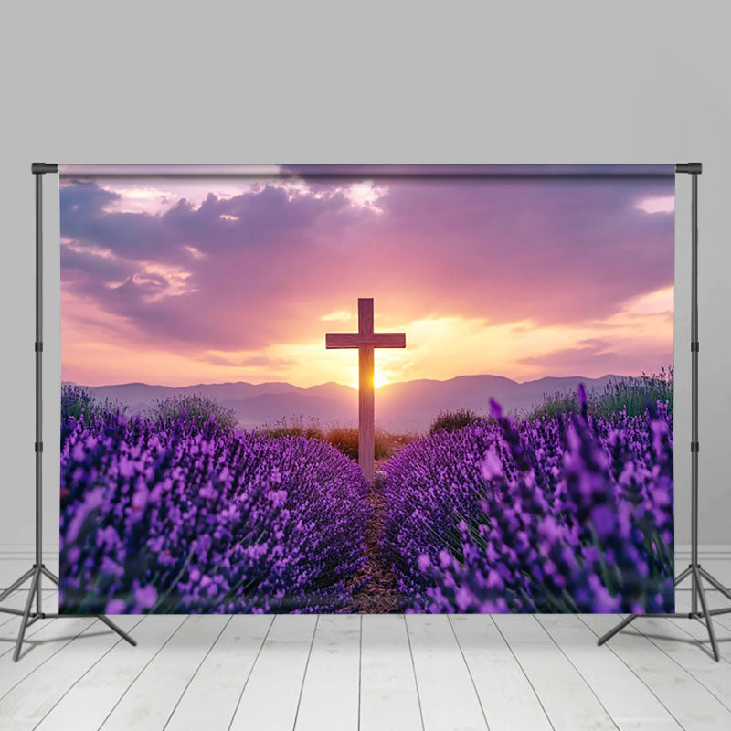 Aperturee - Aperturee Purple Floral Field Sunset Sky Cross Easter Backdrop