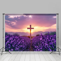 Aperturee - Aperturee Purple Floral Field Sunset Sky Cross Easter Backdrop