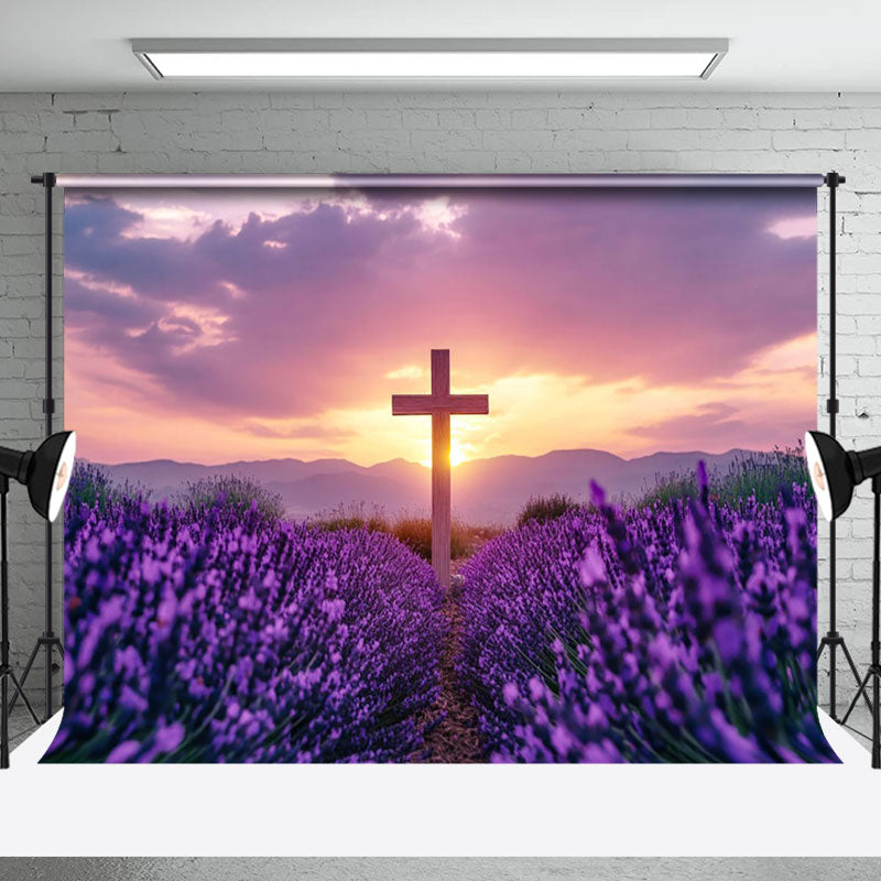 Aperturee - Aperturee Purple Floral Field Sunset Sky Cross Easter Backdrop