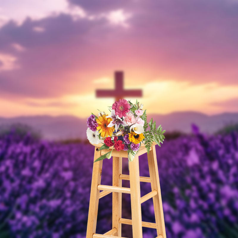 Aperturee - Aperturee Purple Floral Field Sunset Sky Cross Easter Backdrop