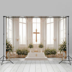 Aperturee - Aperturee White Church Cross Floral Window Wedding Backdrop