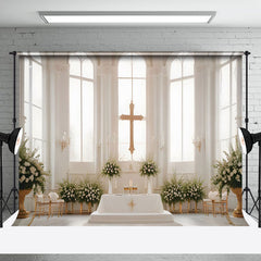 Aperturee - Aperturee White Church Cross Floral Window Wedding Backdrop