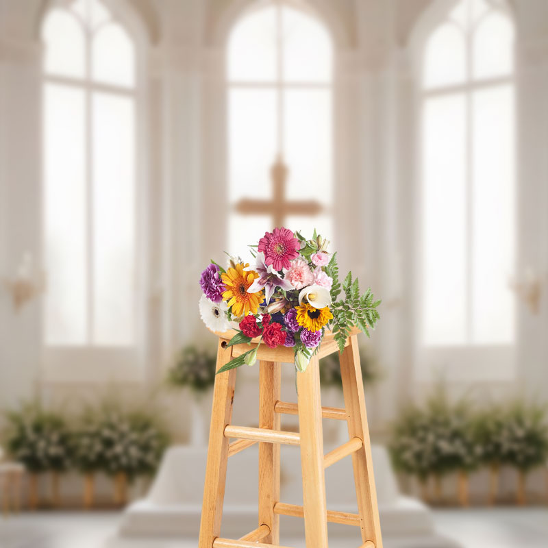 Aperturee - Aperturee White Church Cross Floral Window Wedding Backdrop