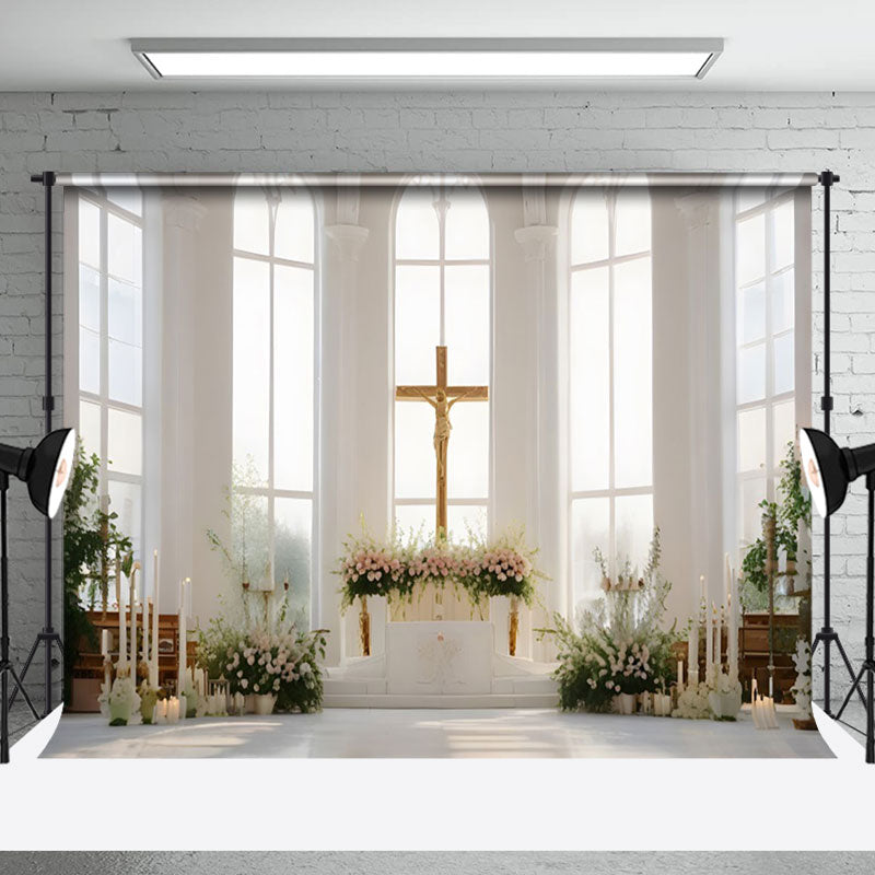 Aperturee - Aperturee Holy Church Cross Greenery Floral Wedding Backdrop