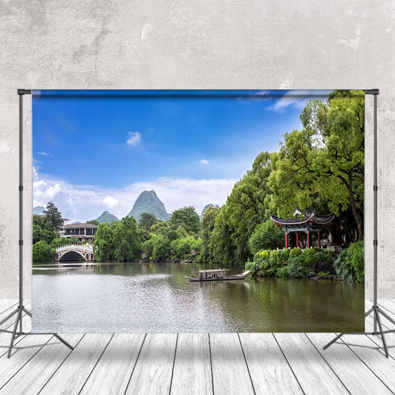 Aperturee - Guting Lake Water Boat Mountain Landscape Backdrop