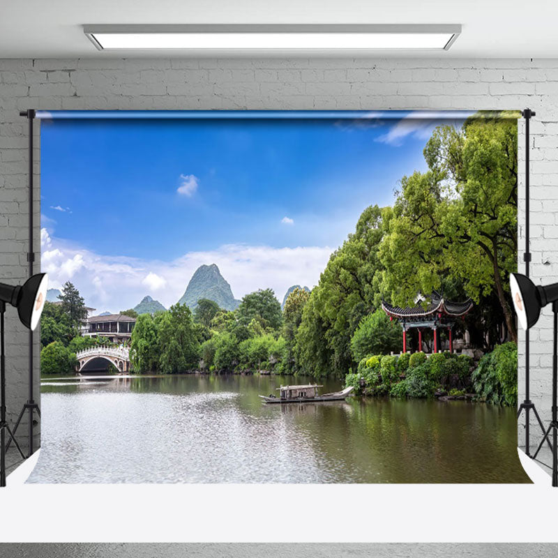 Aperturee - Guting Lake Water Boat Mountain Landscape Backdrop