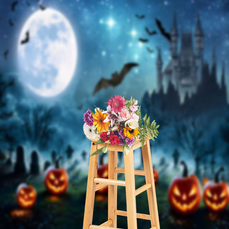 Aperturee - Horror Night Bat Castle Pumpkin Halloween Backdrop