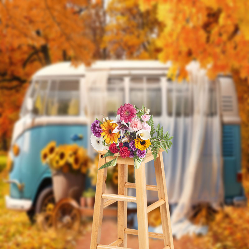 Aperturee - Autumn Bus Outdoor Picnic Forest Photo Backdrop