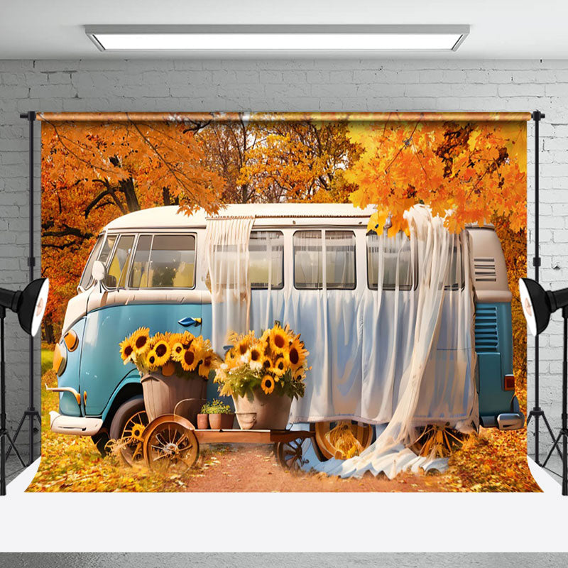 Aperturee - Autumn Bus Outdoor Picnic Forest Photo Backdrop