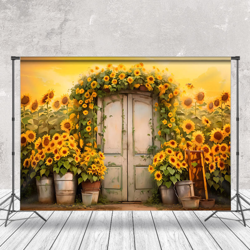 Aperturee - White Wooden Door Sunflower Golden Photo Backdrop