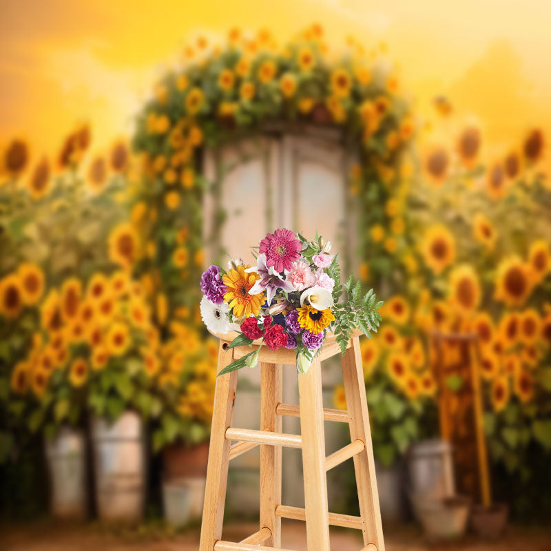 Aperturee - White Wooden Door Sunflower Golden Photo Backdrop