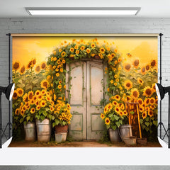 Aperturee - White Wooden Door Sunflower Golden Photo Backdrop