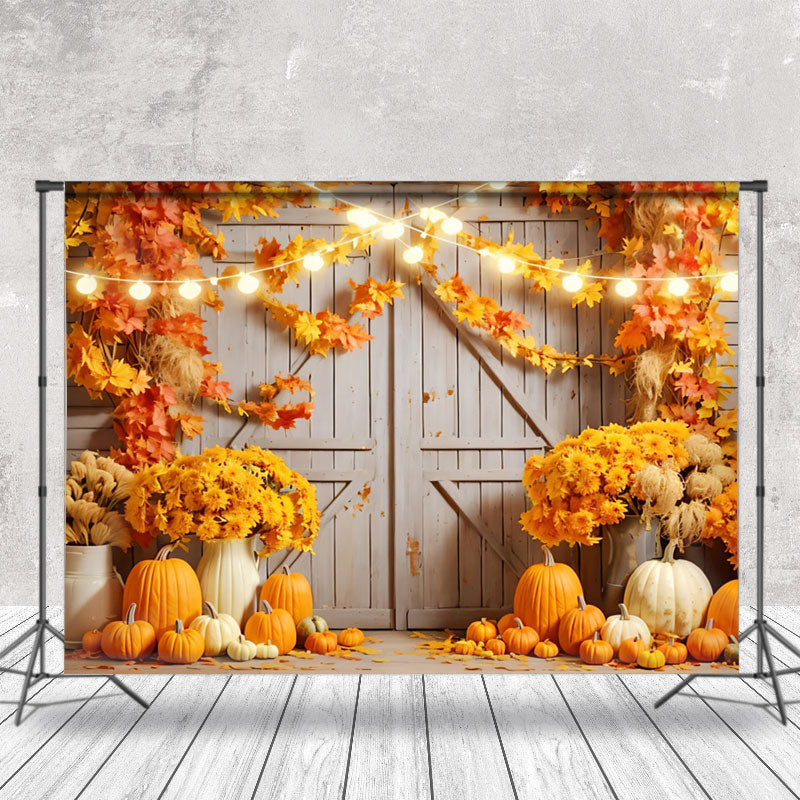 Aperturee - Barn Door Pumpkin Maple Leaf Photography Backdrop