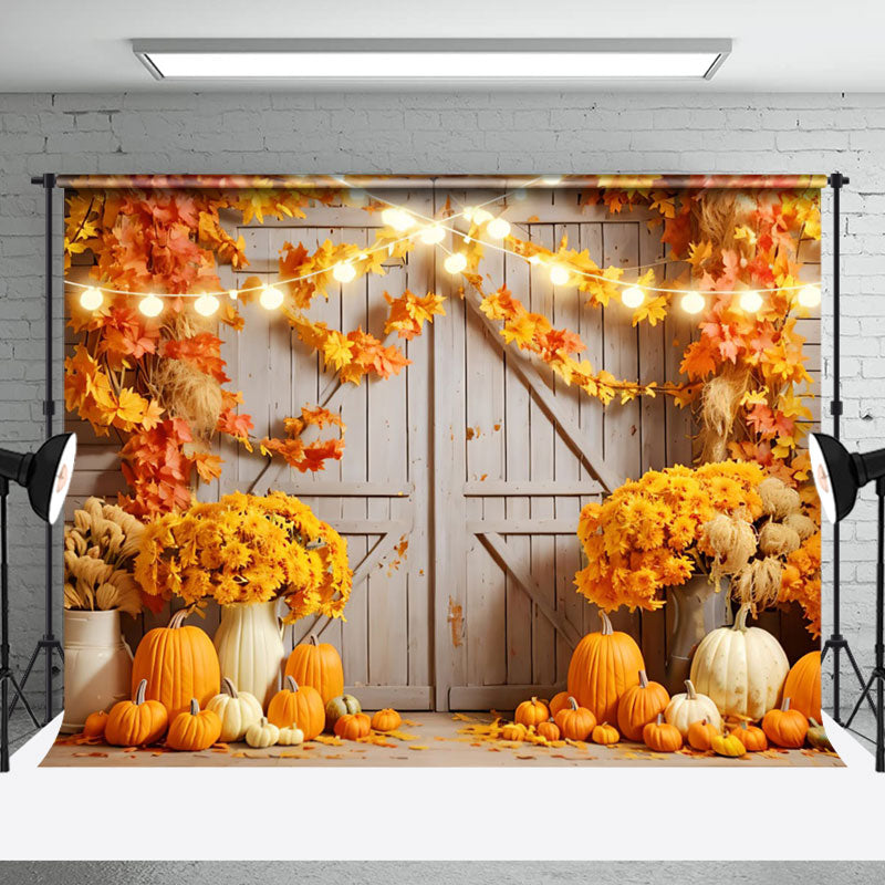 Aperturee - Barn Door Pumpkin Maple Leaf Photography Backdrop