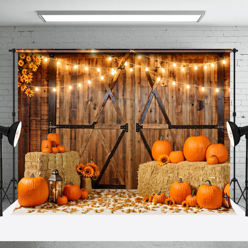 Aperturee - Wooden Barn Door Pumpkin Sunflower Autumn Backdrop